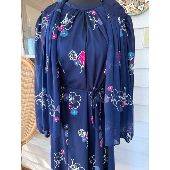 Vintage 70's MOD 2 Piece Dress Jacket Blue Pink Floral Size M Poly Knit - Picture 8 of 16